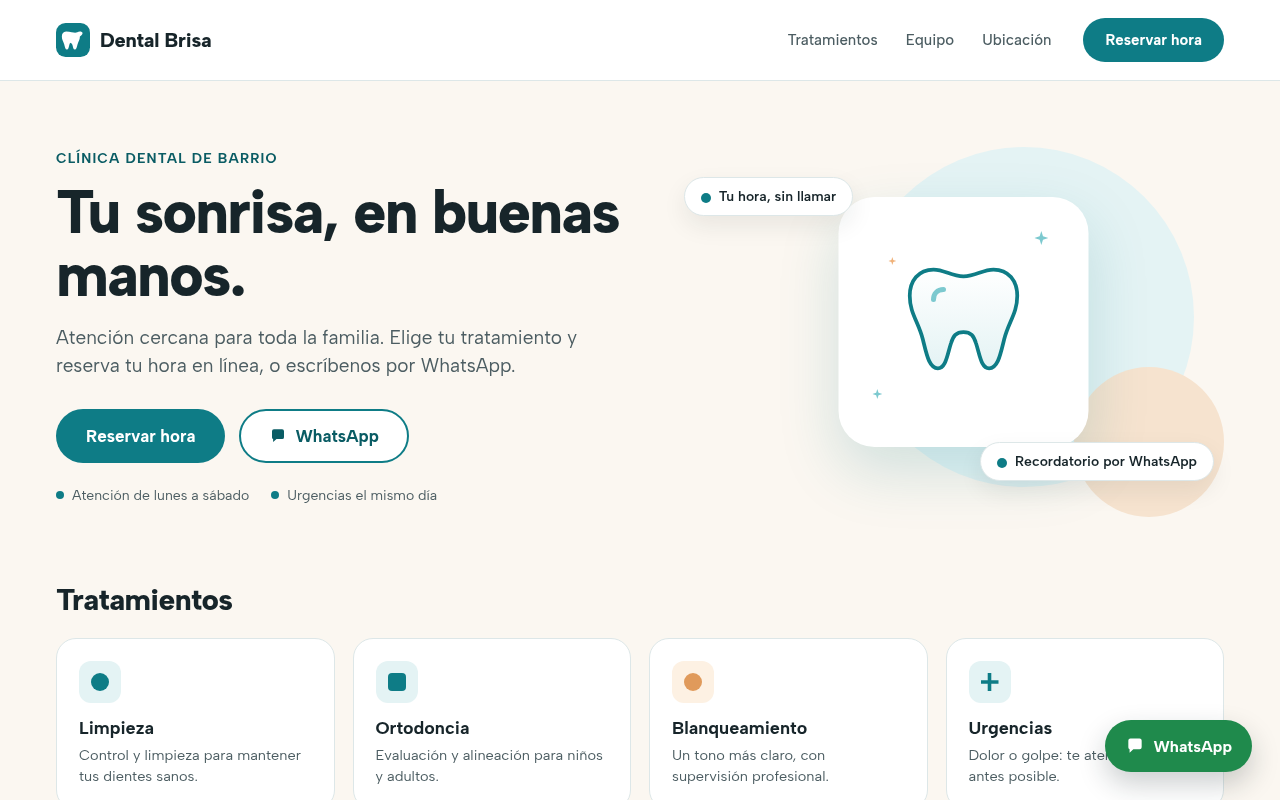 Ejemplo: sitio ficticio de Dental Brisa en escritorio, con el botón «Reservar hora», los tratamientos y un botón de WhatsApp.