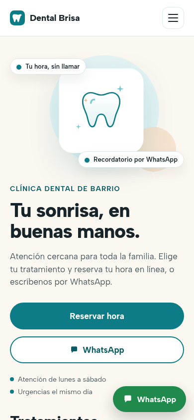 Ejemplo: sitio ficticio de Dental Brisa en celular, con los botones «Reservar hora» y WhatsApp a la vista.