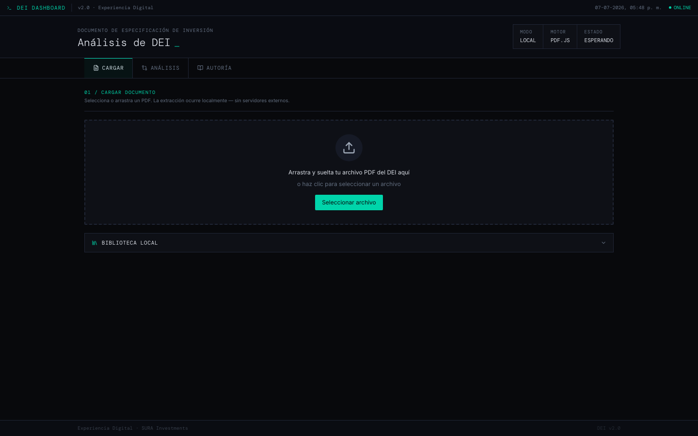 Dashboard para cargar y analizar un documento de inversión